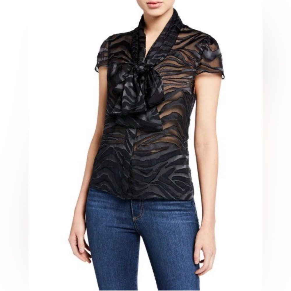 Alice + Olivia Women’s Jeannie Tiger Black Sheer Pussybow Blouse Top
